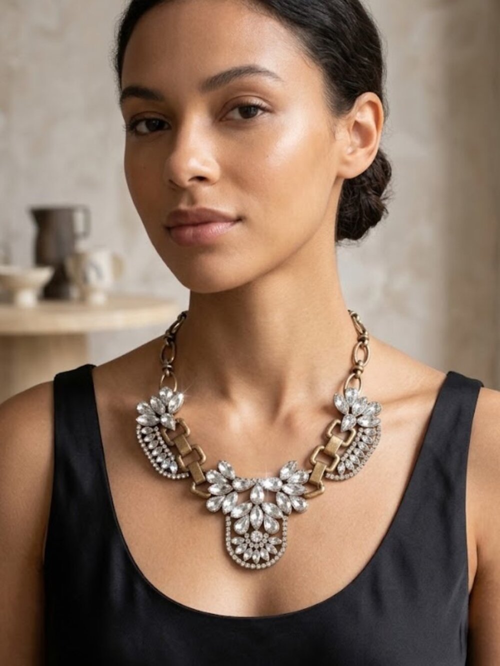 Vintage Bronze Clear Rhinestone Chunky Bib Statement Necklace